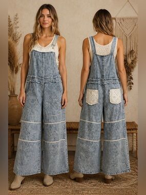 POL Country Roads Laser Cut Twill Overalls - Denim 🤠